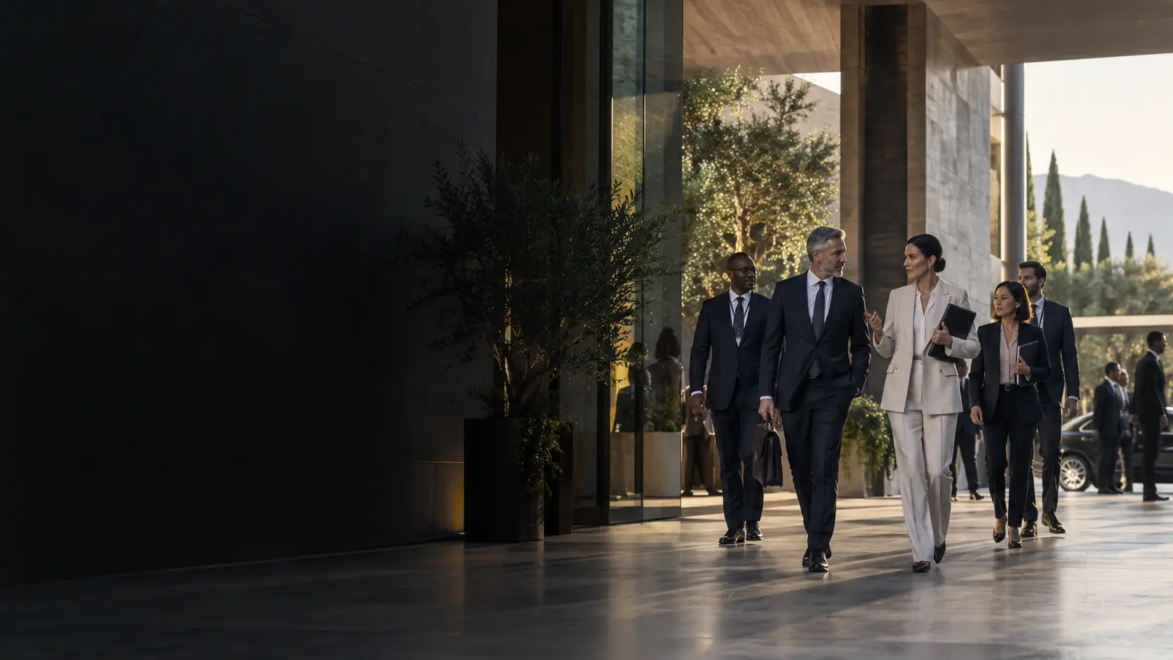 International executive delegation arriving at a contemporary congress venue in Antalya