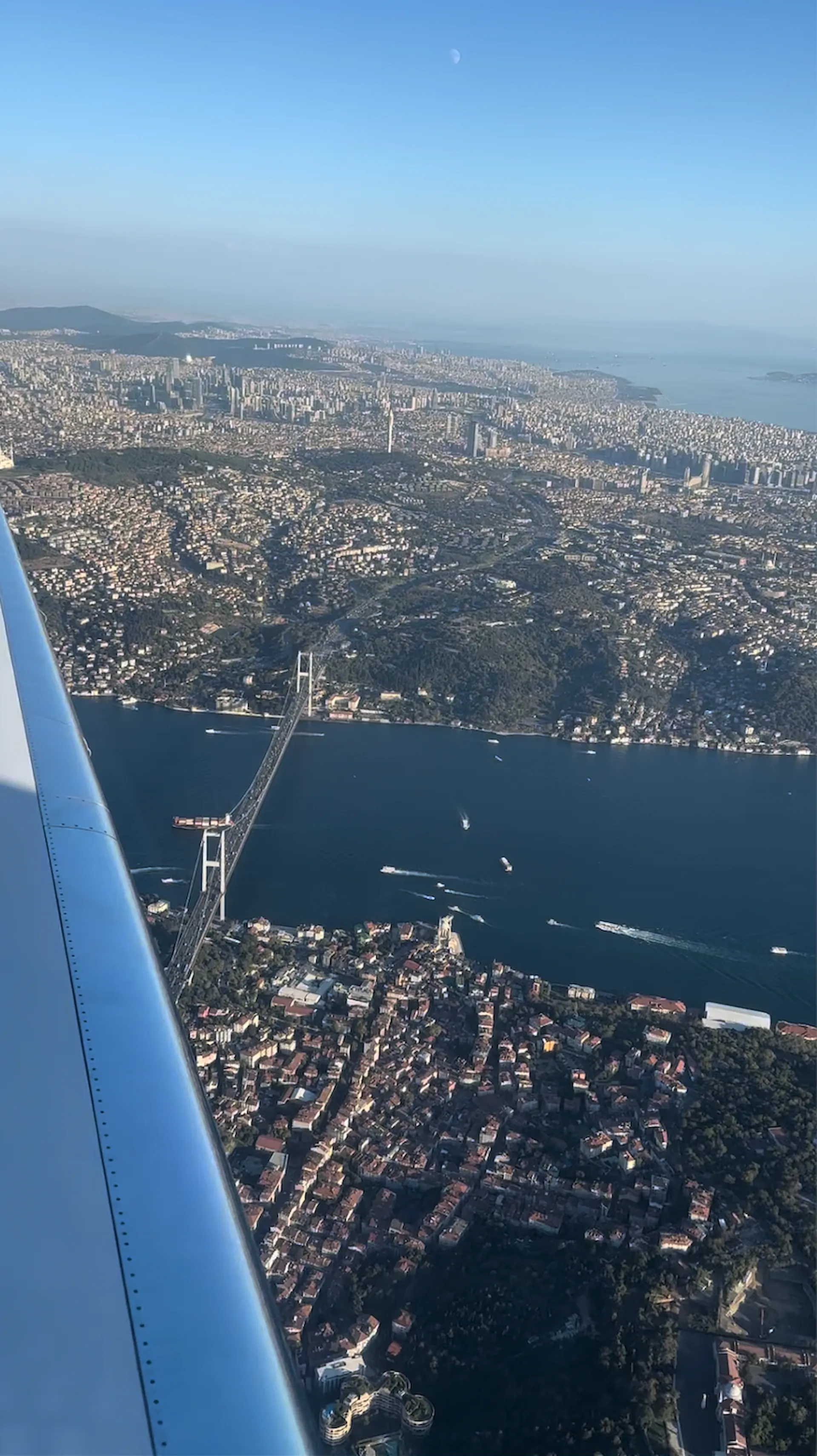 Private aircraft descending over Istanbul and the Bosphorus
